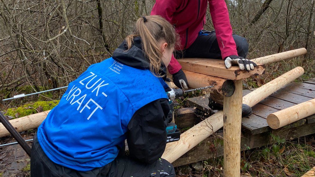 Freiwllige junge Menschen helfen beim Bau eines neuen Pfads im Zentrum für Umwelt und Kultur