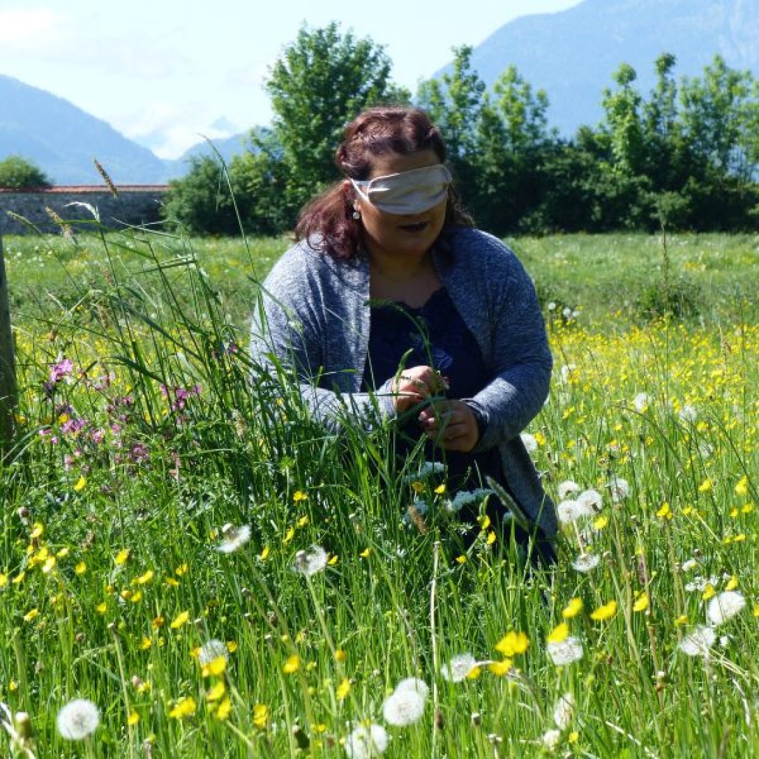 Teilnehmerinnen einer Fortbildung des ZUK auf Wiese lernen spielerisch die Welt zu entdecken