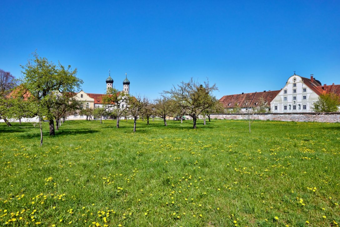 Wiese vor dem Kloster Benediktbeuern mit dem Zentrum für Umwelt und Kultur im Maierhof 