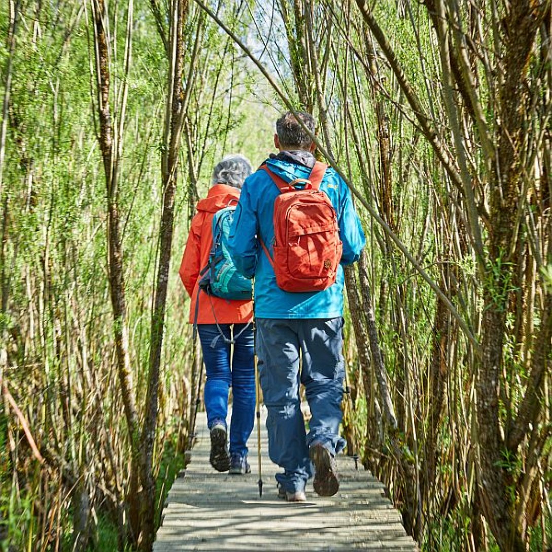 Gäste des ZUK Benediktbeuern mit Rucksäcken und Wanderstöcken in der Natur